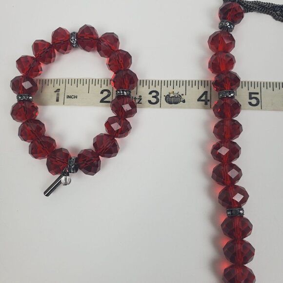 Kenneth Cole Red Chunky Glass Bead Clear Rondelle Gunmetal Necklace Bracelet Set - Picture 11 of 15
